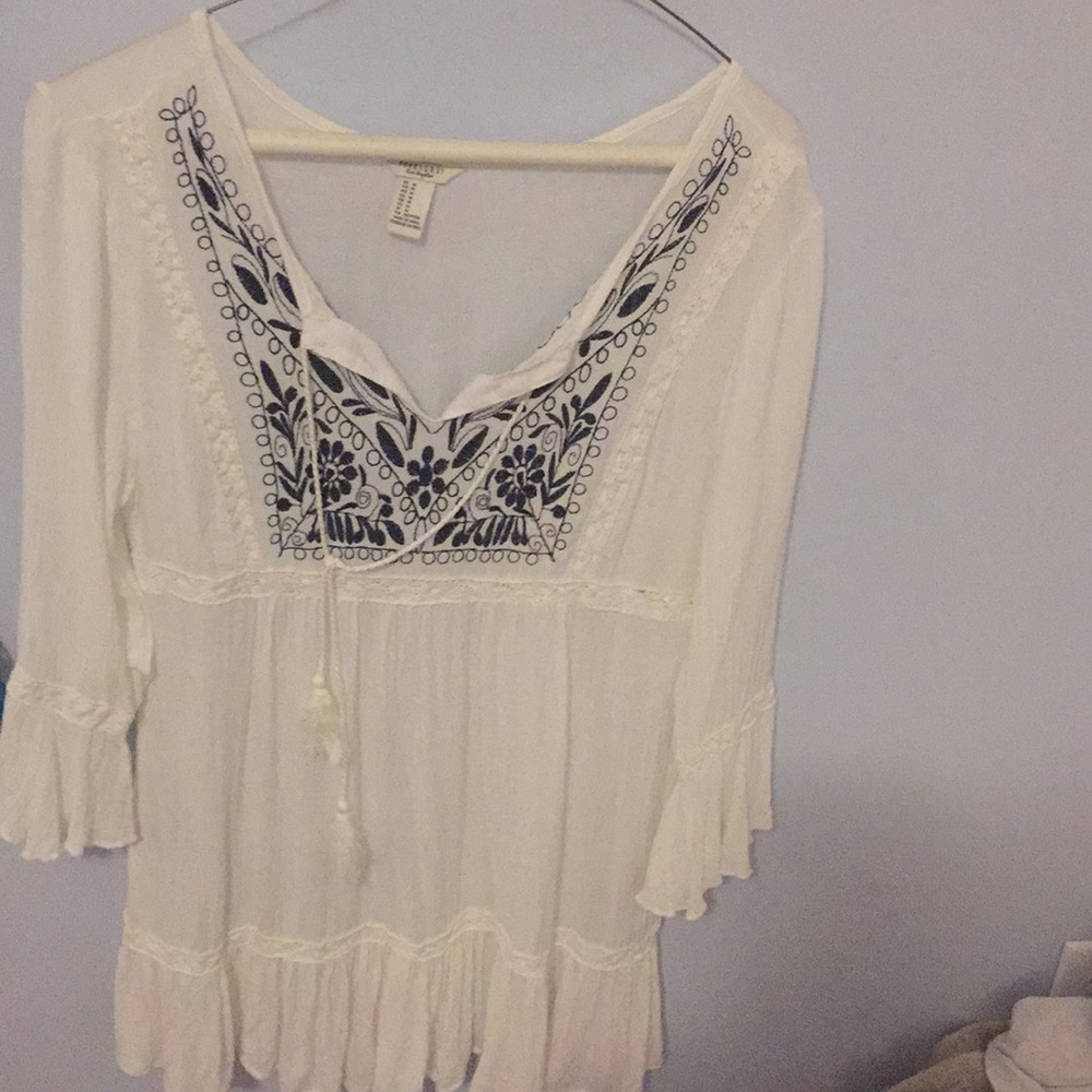 white linen tunic dress with blue embroidery
